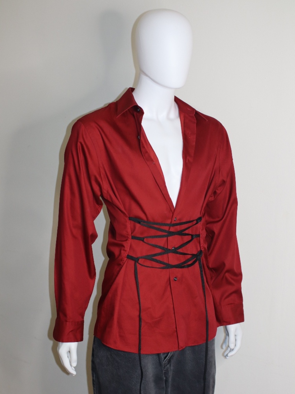 Stylish Upcycled Red Shirt with Shoe Lace Corset Detail